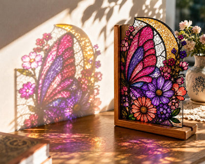 Pink Floral Moon Butterfly bookend set arranged for indoor display