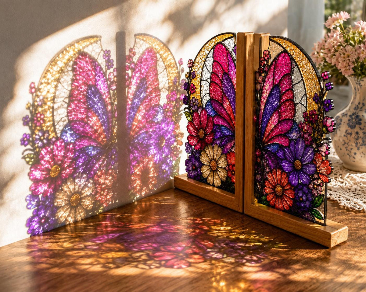 Pink Floral Moon Butterfly glass bookend set near a bright window