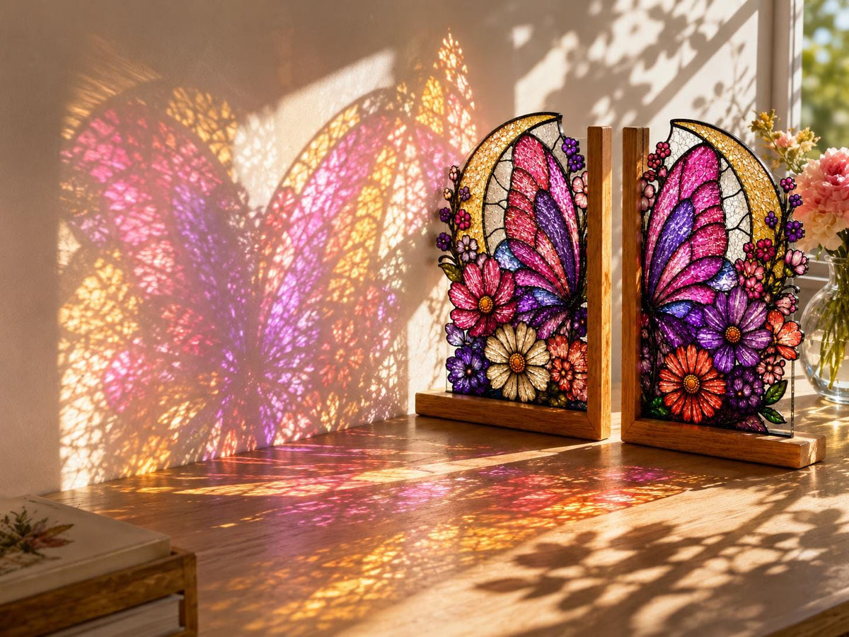 Detail view of the pink floral moon butterfly stained glass artwork