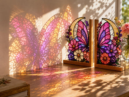 Detail view of the pink floral moon butterfly stained glass artwork