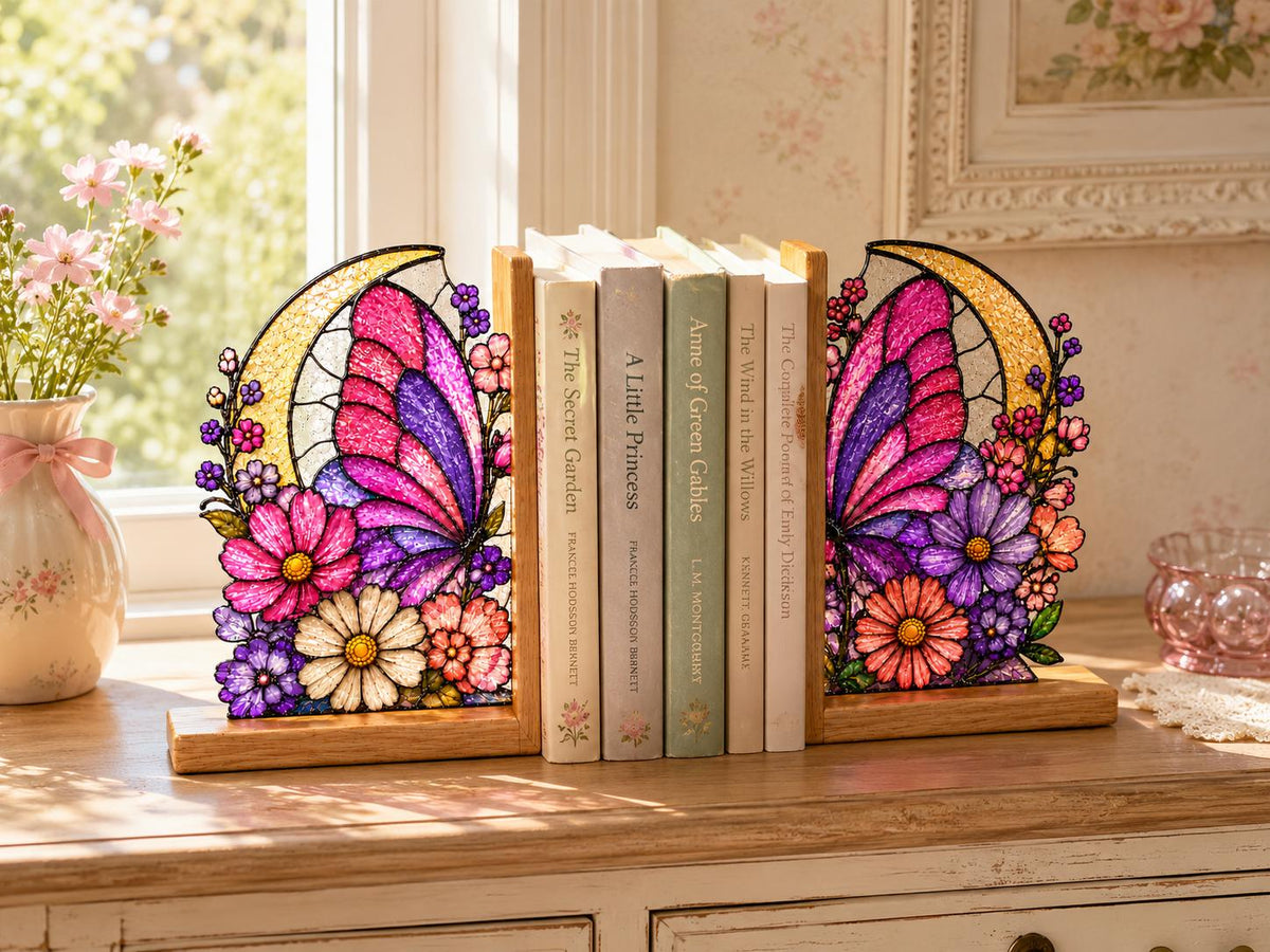 Angled view of the pink floral moon butterfly glass artwork