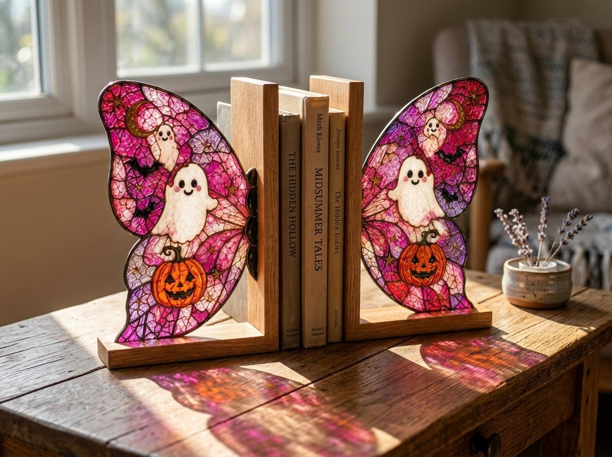 Ghost Pumpkin Butterfly stained glass bookend set in a styled home interior
