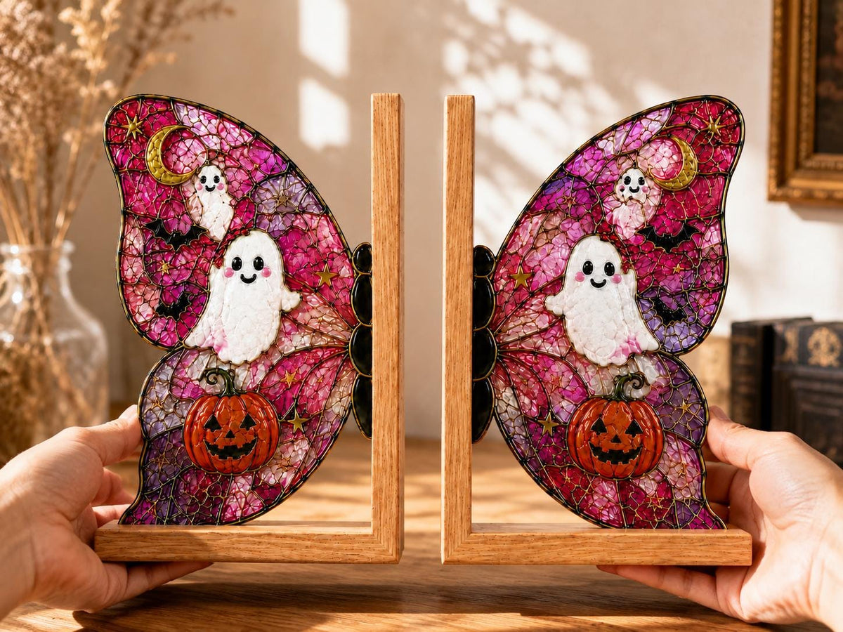 Scale or packaging view for the ghost pumpkin butterfly bookend set