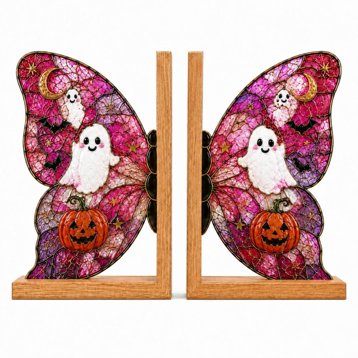 Ghost Pumpkin Butterfly Stained Glass Bookends with Wood Bases displayed in natural light