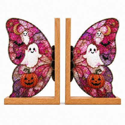 Ghost Pumpkin Butterfly Stained Glass Bookends with Wood Bases displayed in natural light