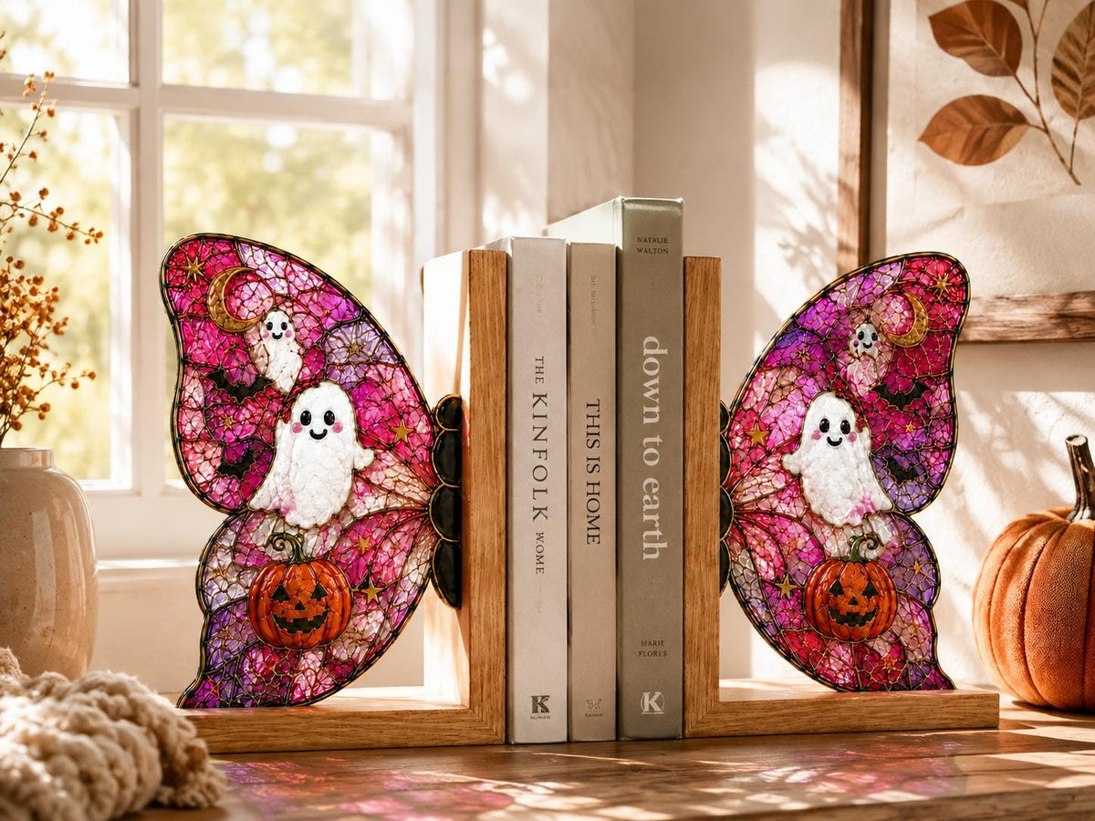 Ghost Pumpkin Butterfly bookend set arranged for indoor display