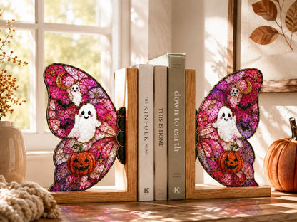 Ghost Pumpkin Butterfly bookend set arranged for indoor display