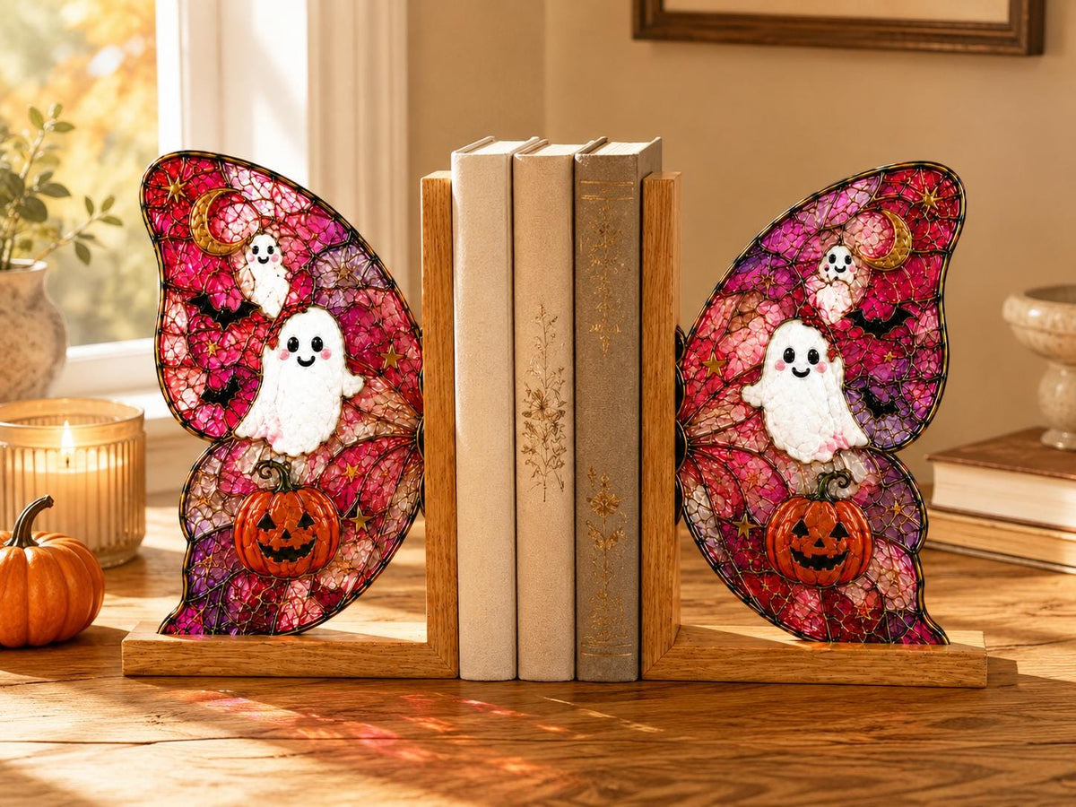 Ghost Pumpkin Butterfly glass bookend set near a bright window