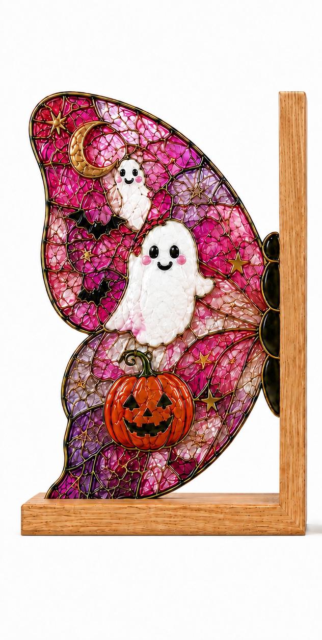 Ghost Pumpkin Butterfly stained glass bookend set in a styled home interior