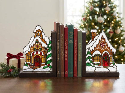 Christmas Gingerbread House glass bookend set near a bright window