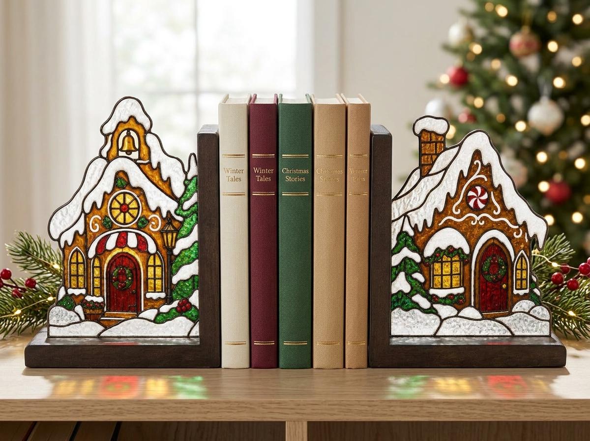 Detail view of the christmas gingerbread house stained glass artwork