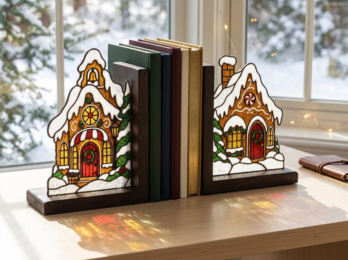 Christmas Gingerbread House stained glass bookend set in a styled home interior