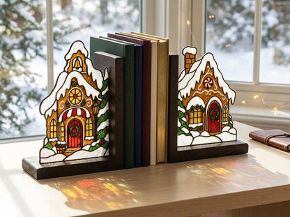 Christmas Gingerbread House stained glass bookend set in a styled home interior
