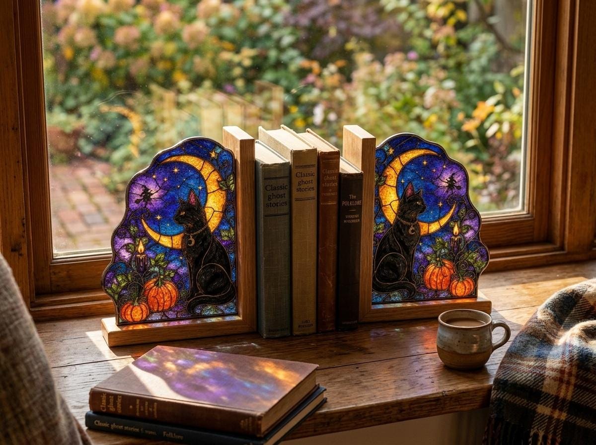 Close view showing color and texture in the black cat moon halloween design
