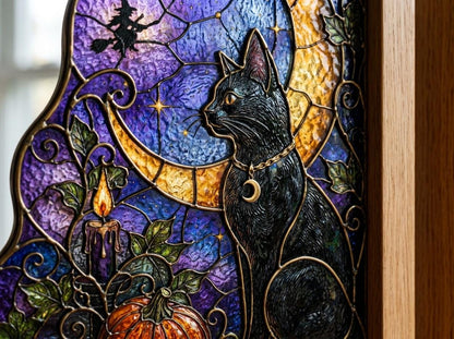 Additional view of the black cat moon halloween glass design