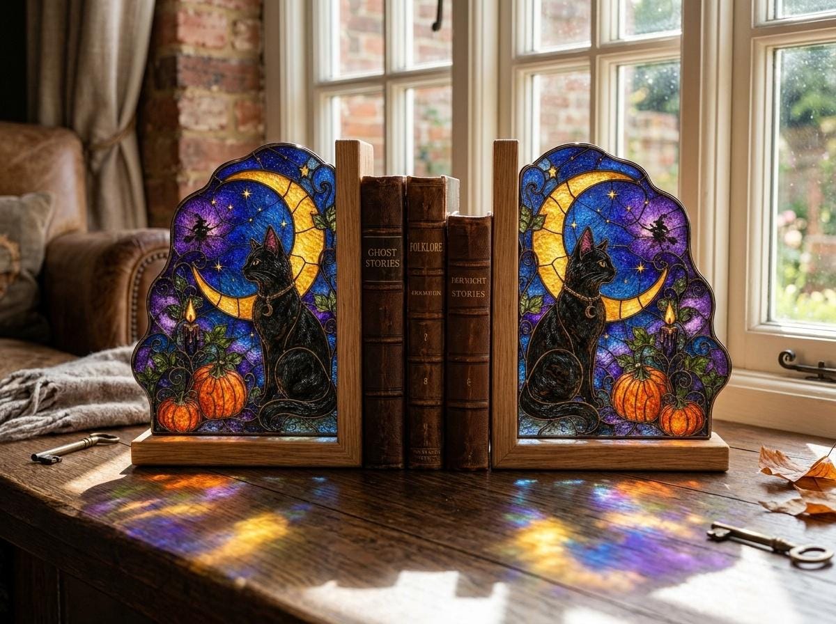 Black Cat Moon Halloween glass bookend set near a bright window