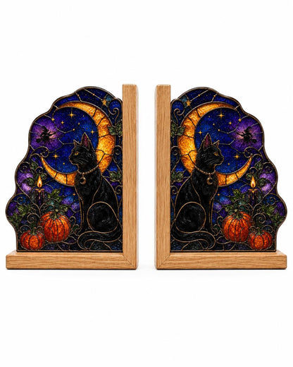 Black Cat Moon Halloween Stained Glass Bookends with Wood Bases displayed in natural light