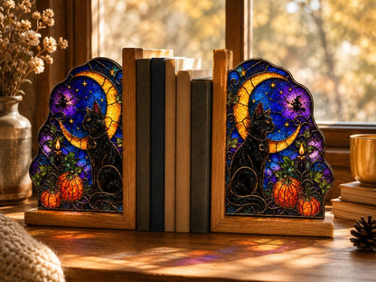 Angled view of the black cat moon halloween glass artwork