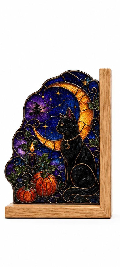 Black Cat Moon Halloween stained glass bookend set in a styled home interior