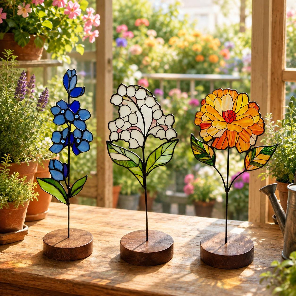 Birth Month Flower stained glass tabletop glass decor in a styled home interior