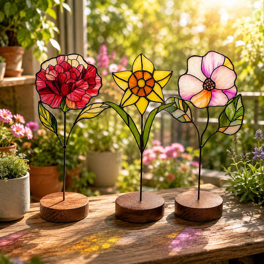 Birth Month Glass Flower with Wood Base displayed in natural light