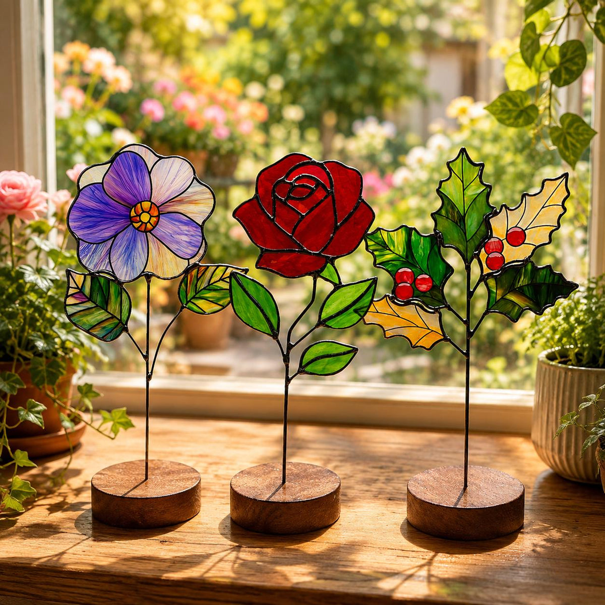 Front view of the birth month flower stained glass tabletop glass decor