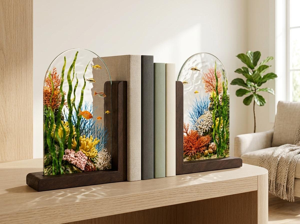 Front view of the ocean coral reef stained glass bookend set
