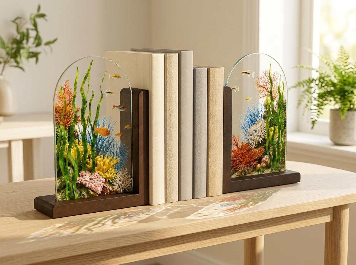 Ocean Coral Reef stained glass bookend set in a styled home interior
