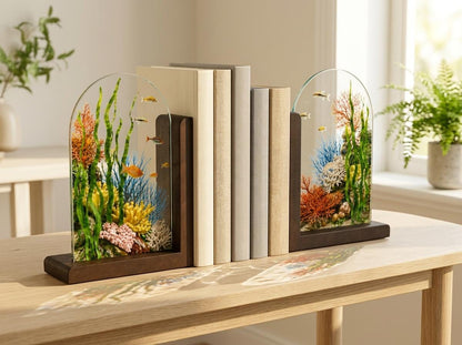 Ocean Coral Reef stained glass bookend set in a styled home interior