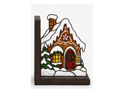 Front view of the christmas gingerbread house stained glass bookend set