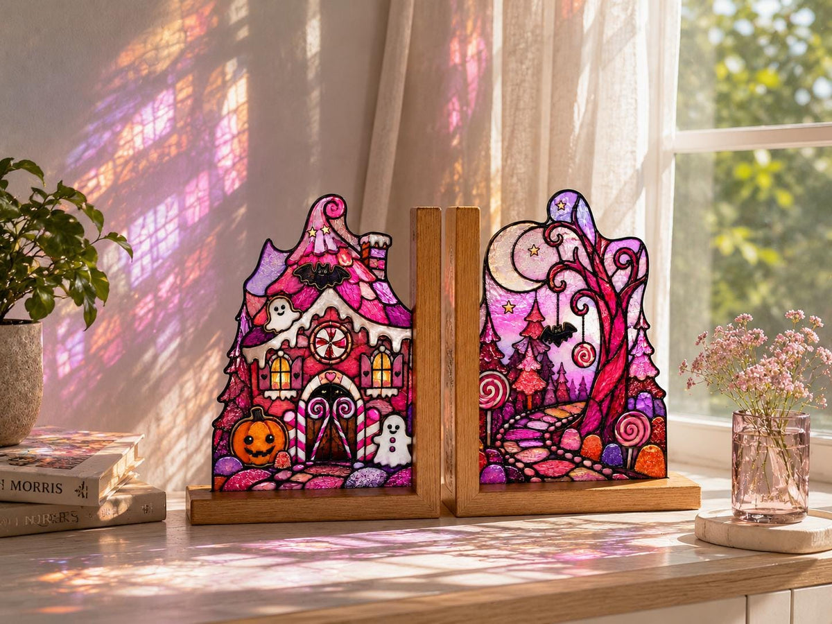 Pink Haunted House Halloween bookend set arranged for indoor display