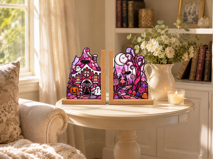 Close view showing color and texture in the pink haunted house halloween design