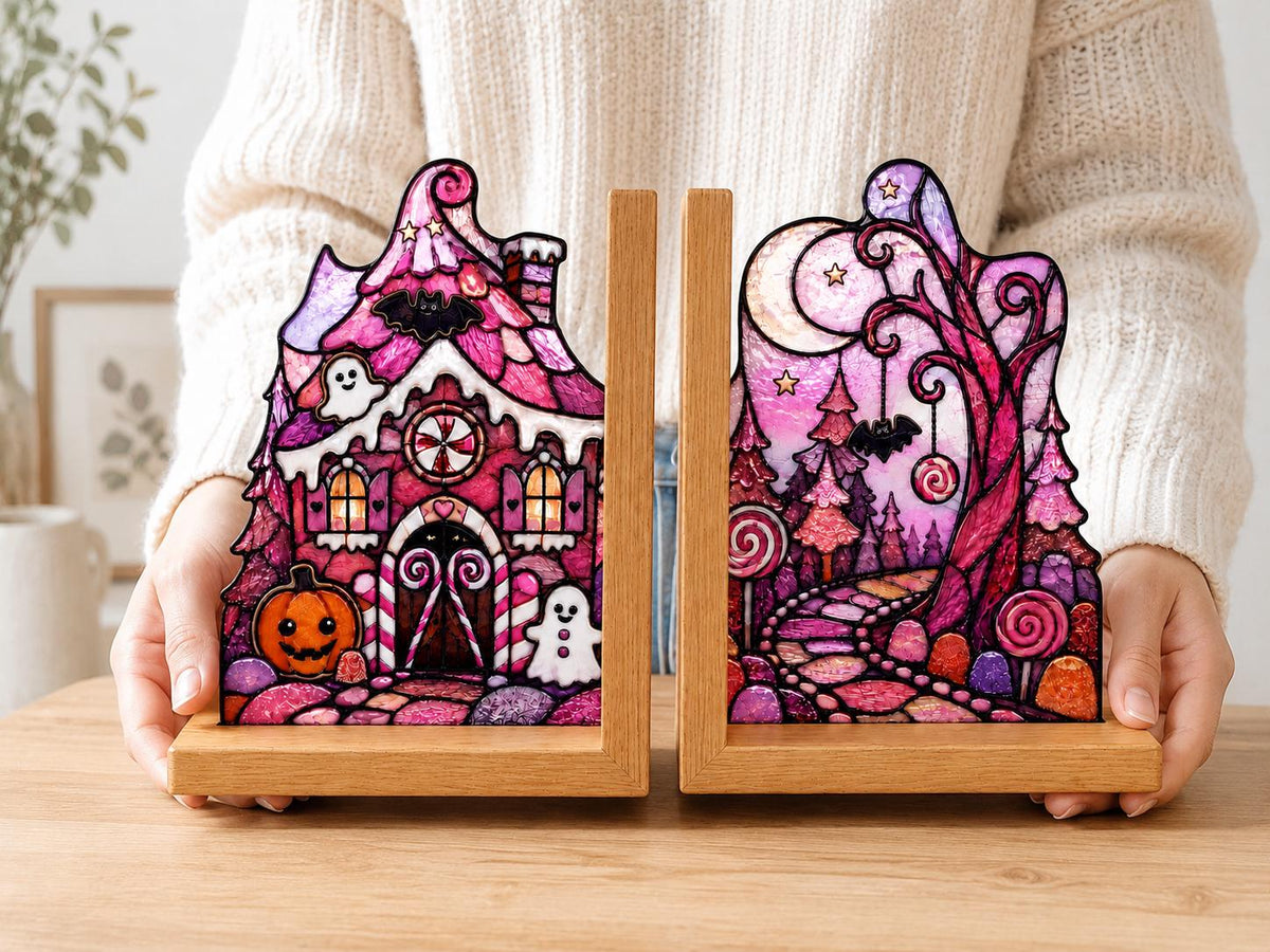 Detail view of the pink haunted house halloween stained glass artwork