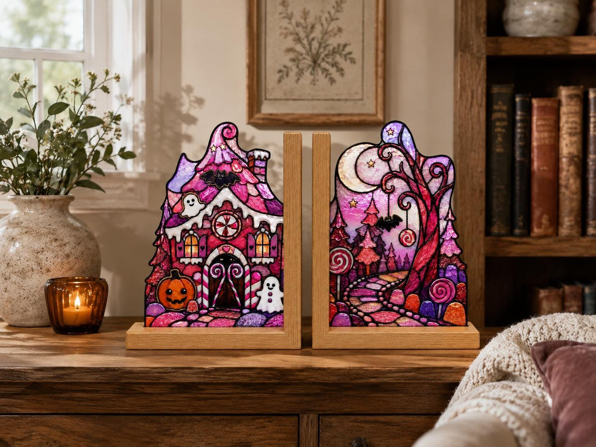 Angled view of the pink haunted house halloween glass artwork