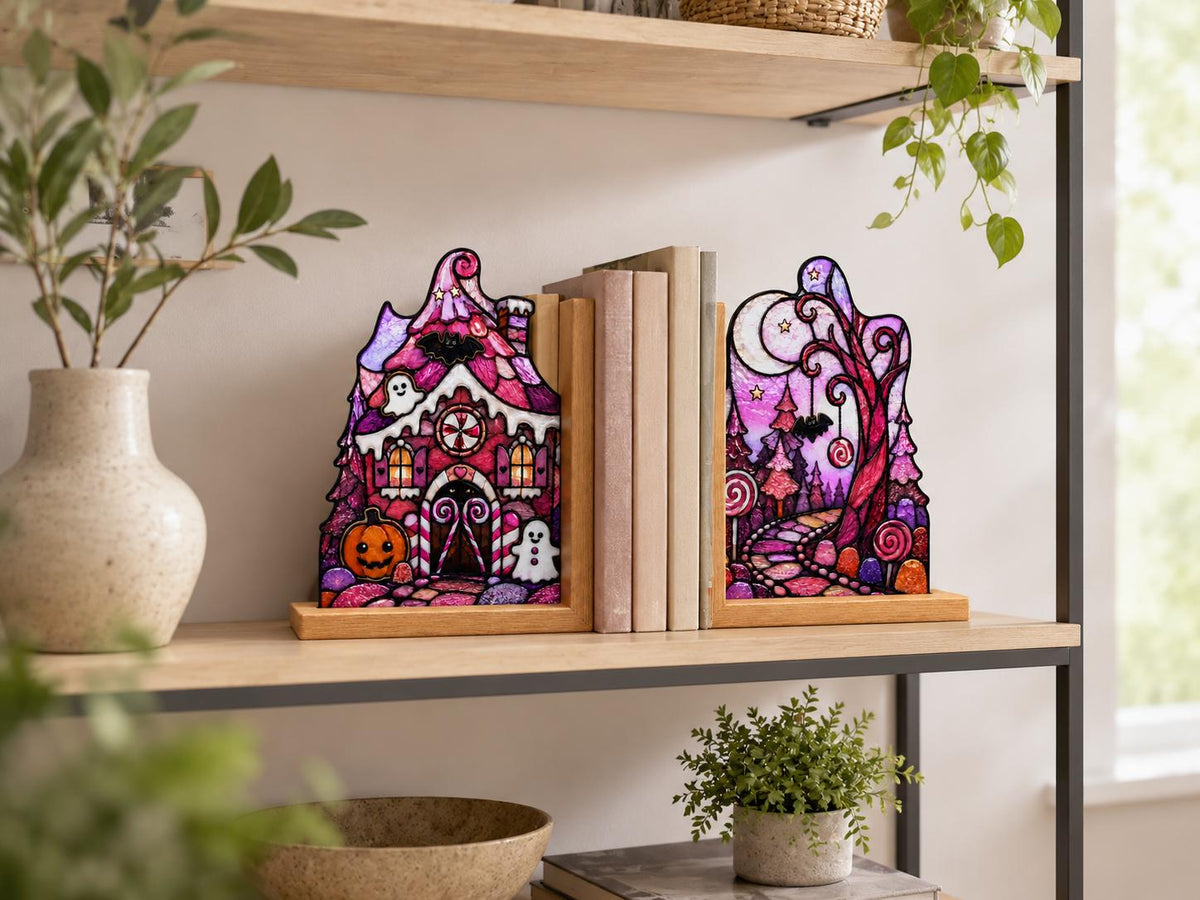 Pink Haunted House Halloween stained glass bookend set in a styled home interior