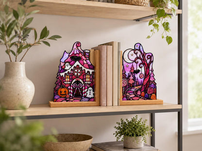 Pink Haunted House Halloween stained glass bookend set in a styled home interior