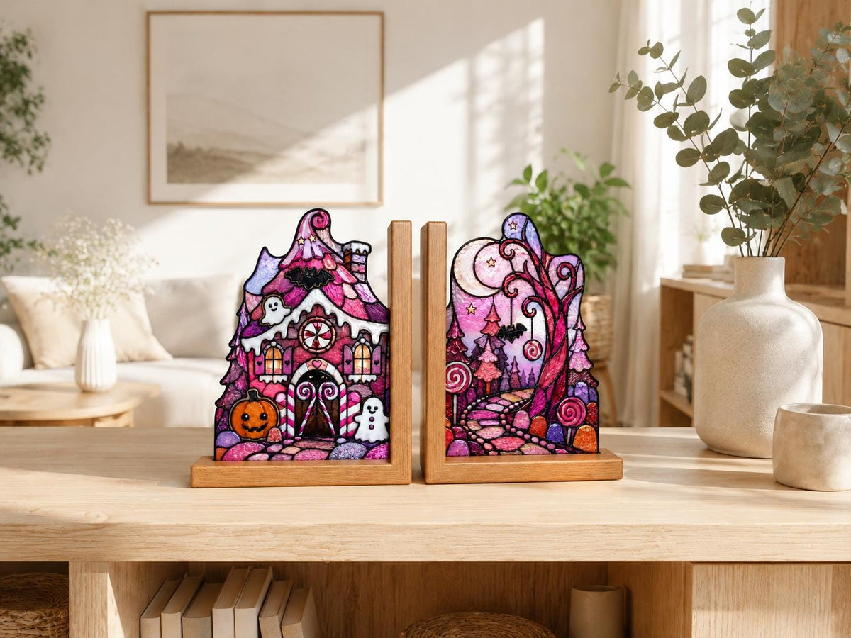 Front view of the pink haunted house halloween stained glass bookend set