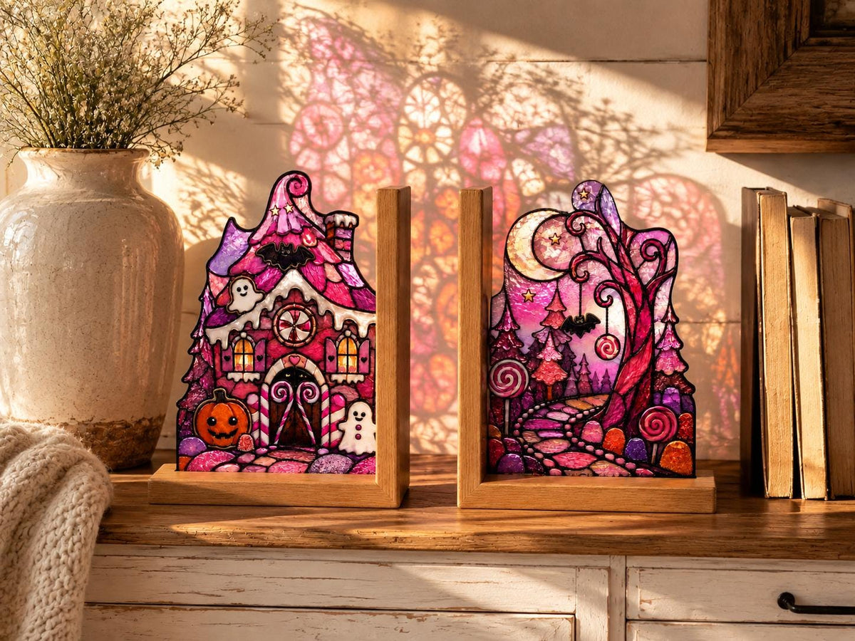 Scale or packaging view for the pink haunted house halloween bookend set