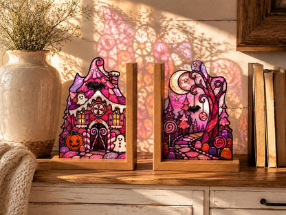 Scale or packaging view for the pink haunted house halloween bookend set