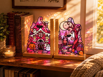 Pink Haunted House Halloween Stained Glass Bookends with Wood Bases displayed in natural light