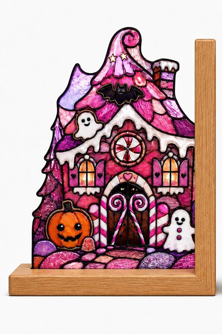 Pink Haunted House Halloween glass bookend set near a bright window