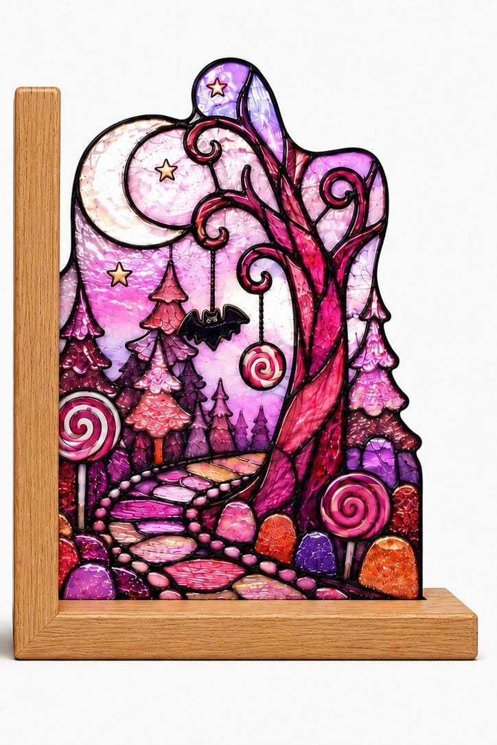 Detail view of the pink haunted house halloween stained glass artwork