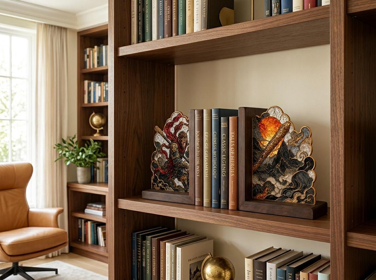 Sun Wukong stained glass bookend set in a styled home interior