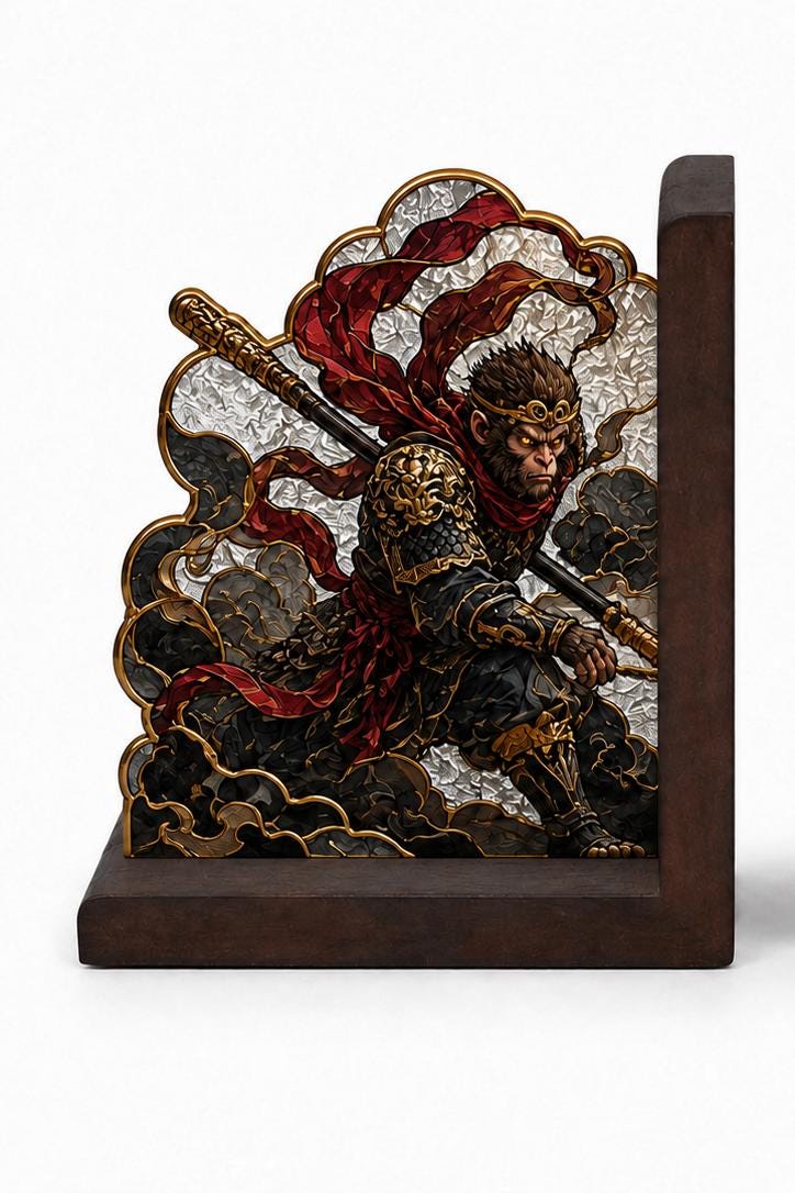 Sun Wukong stained glass bookend set in a styled home interior