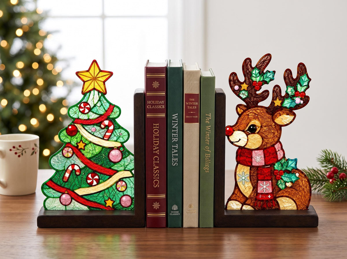 Front view of the christmas tree reindeer stained glass bookend set