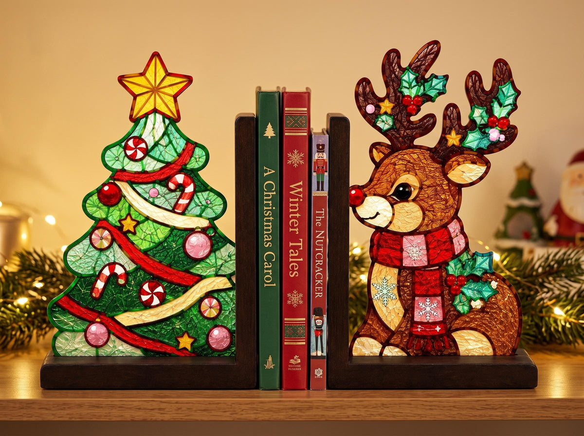 Detail view of the christmas tree reindeer stained glass artwork