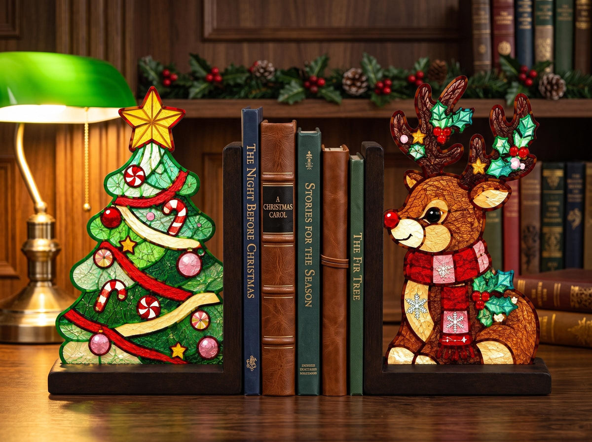 Christmas Tree Reindeer bookend set arranged for indoor display