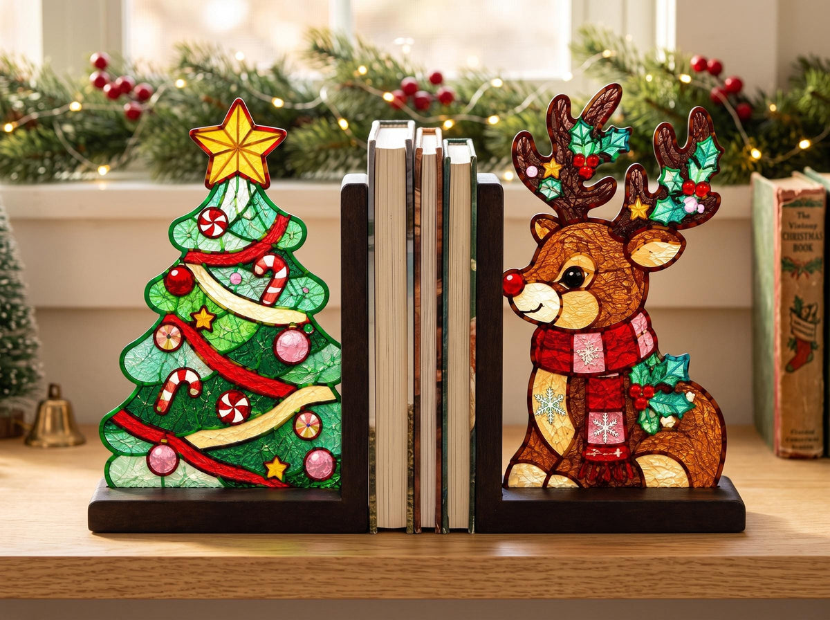 Christmas Tree Reindeer glass bookend set near a bright window
