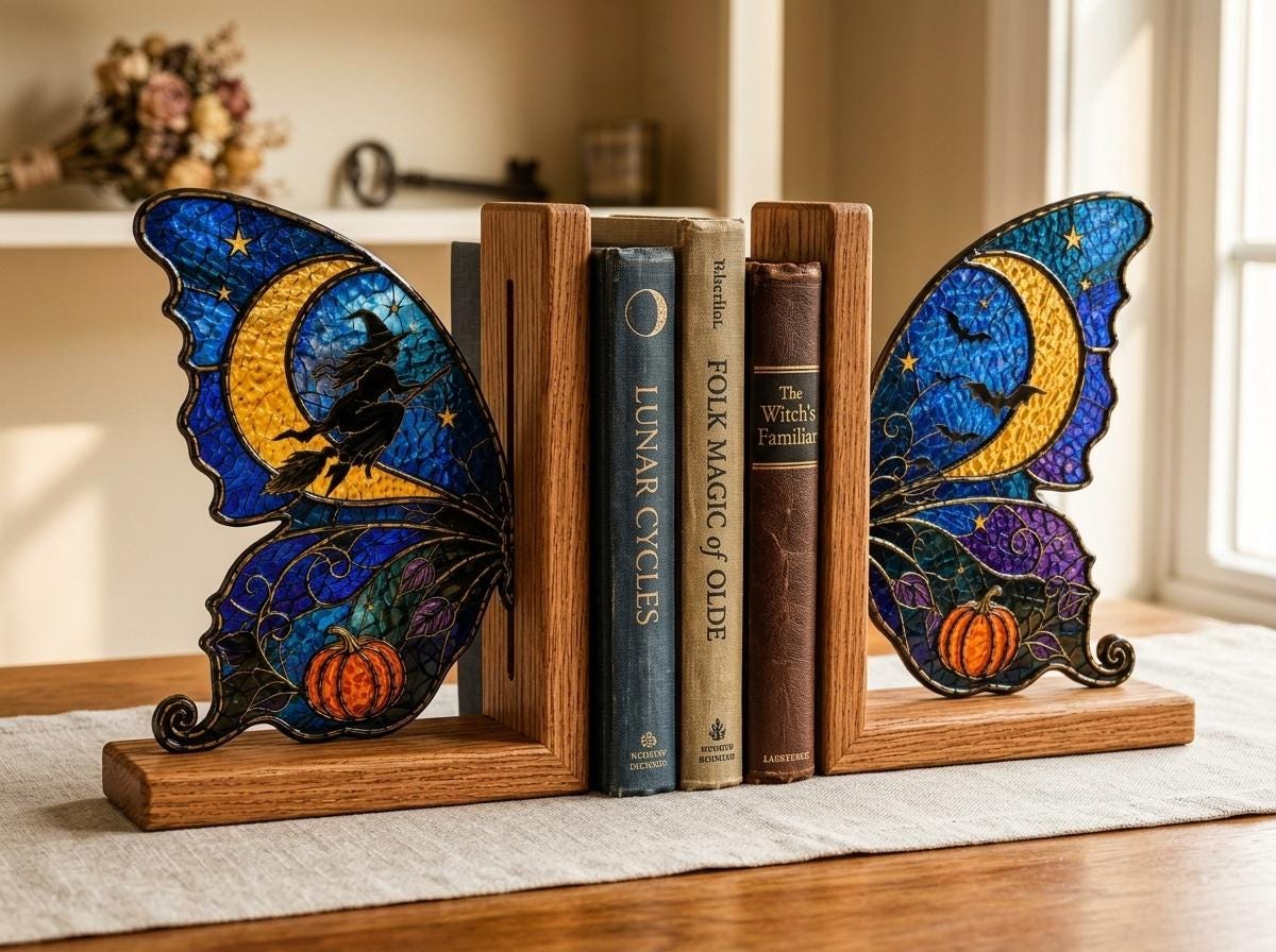 Detail view of the witch moon butterfly stained glass artwork