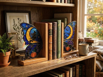 Witch Moon Butterfly stained glass bookend set in a styled home interior
